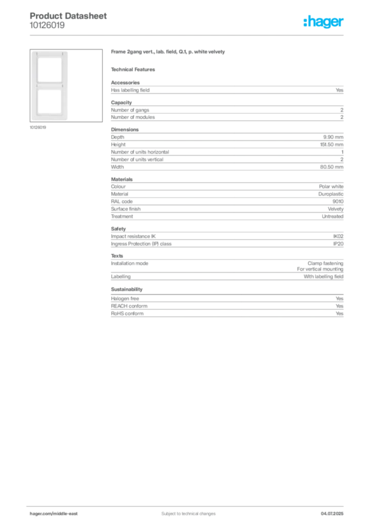 Image Hager Product data sheet 10126019  | Hager