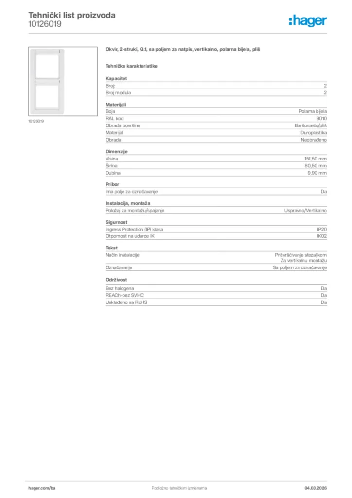 Slika Hager Tehnički list proizvoda 10126019  | Hager