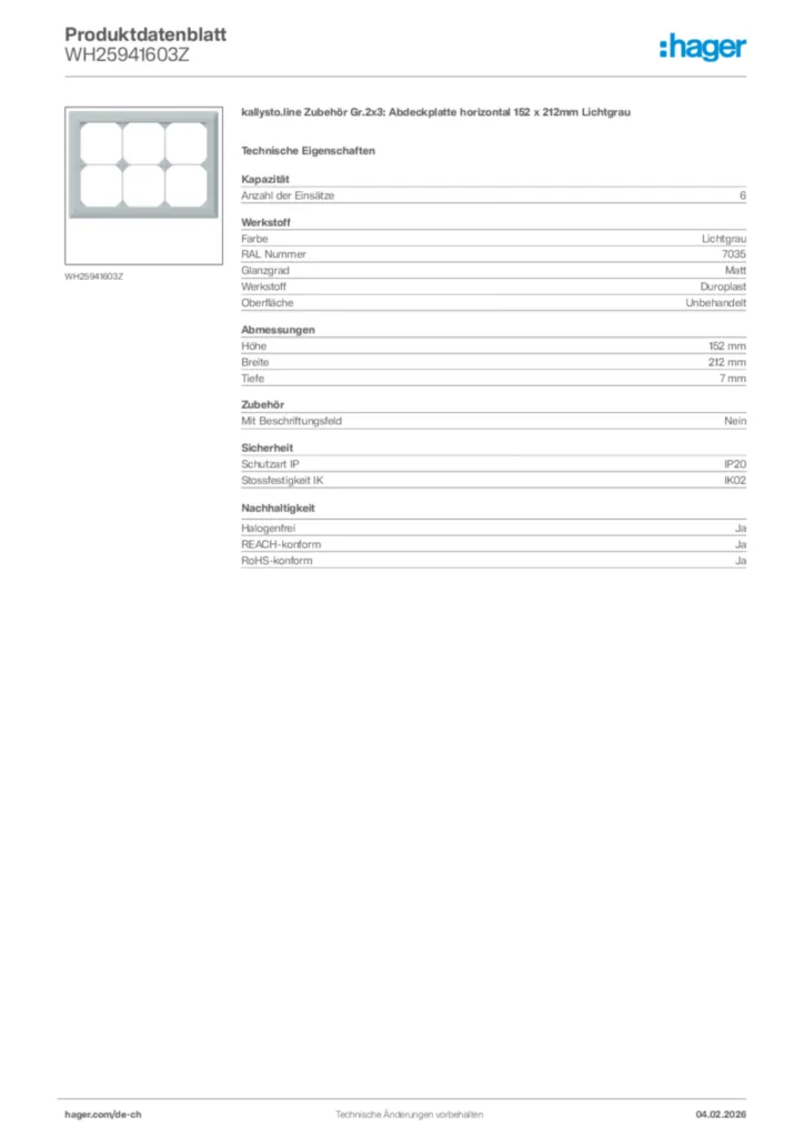 Bild Hager Produktdatenblatt WH25941603Z | Hager Schweiz