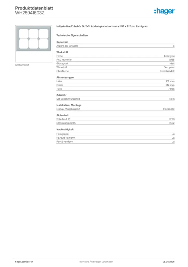 Bild Hager Produktdatenblatt WH25941603Z | Hager Schweiz
