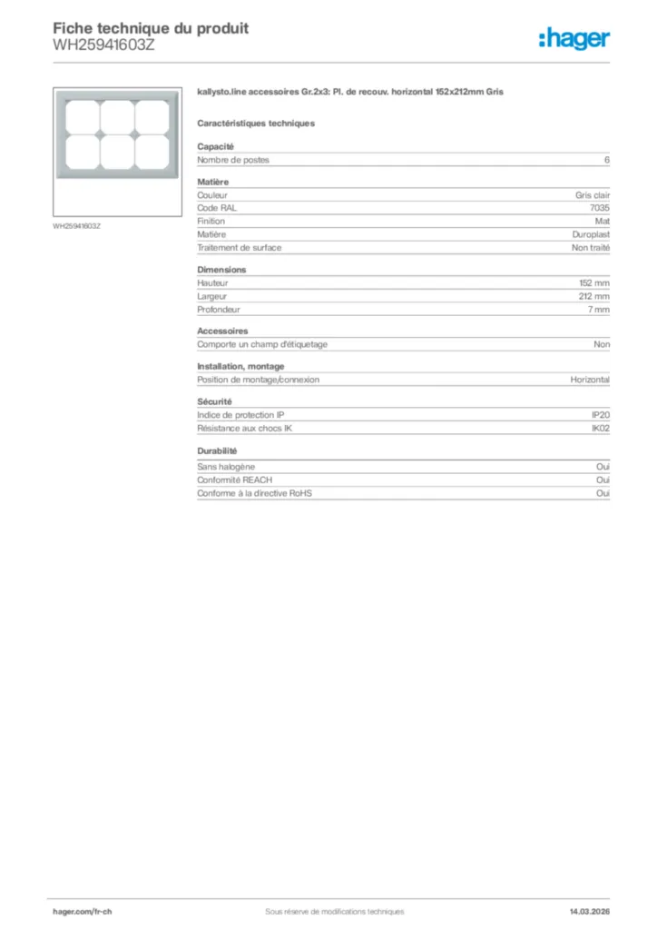 Image Hager Fiche technique du produit WH25941603Z | Hager Suisse