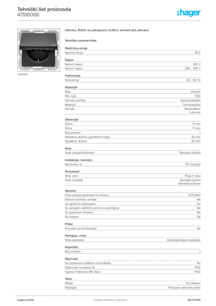 Slika Hager Product data sheet 47516066  | Hager