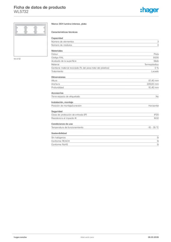 Imagen Hager Ficha de datos de producto WL5732 | Hager España