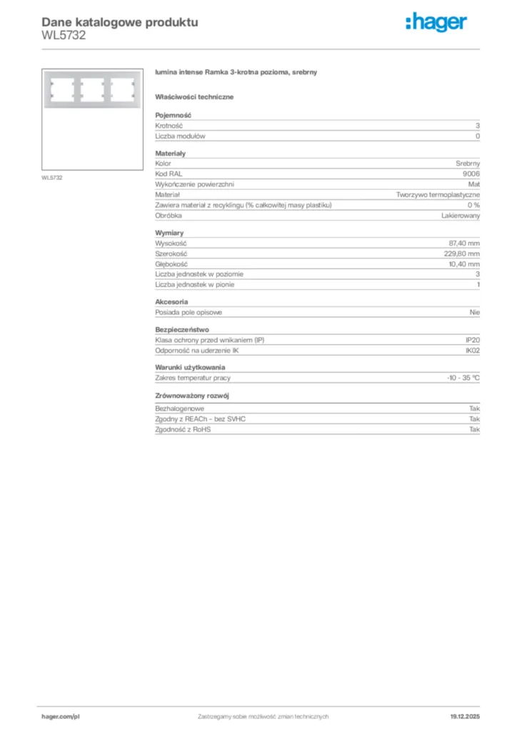 Zdjęcie Hager Karta katalogowa WL5732 | Hager Polska