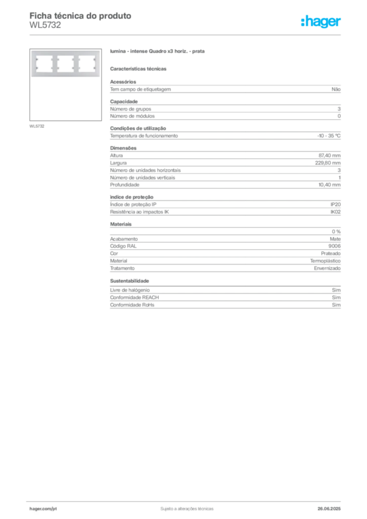 Imagem Hager Ficha técnica do produto WL5732 | Hager Portugal