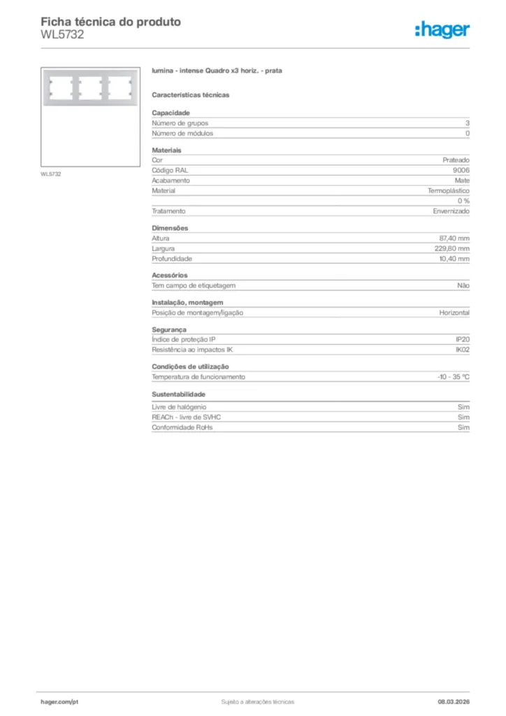 Imagem Hager Ficha técnica do produto WL5732 | Hager Portugal