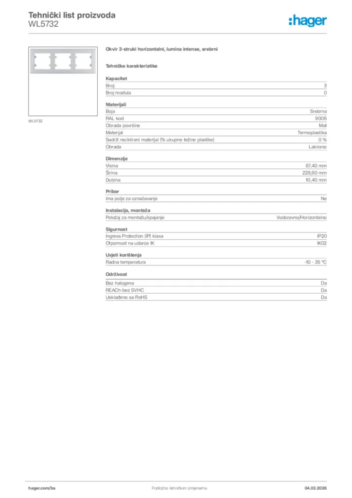 Slika Hager Tehnički list proizvoda WL5732  | Hager
