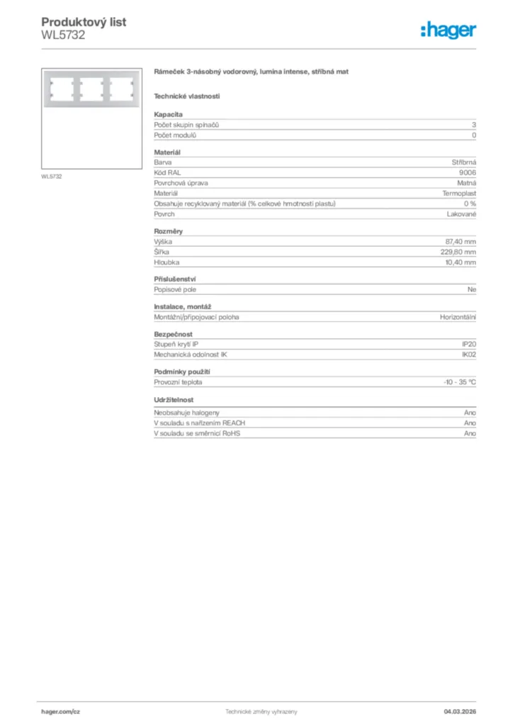 Obrázek Hager Product data sheet WL5732 | Hager