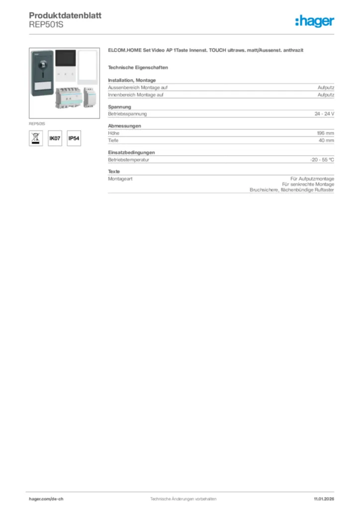 Bild Hager Produktdatenblatt REP501S | Hager Schweiz