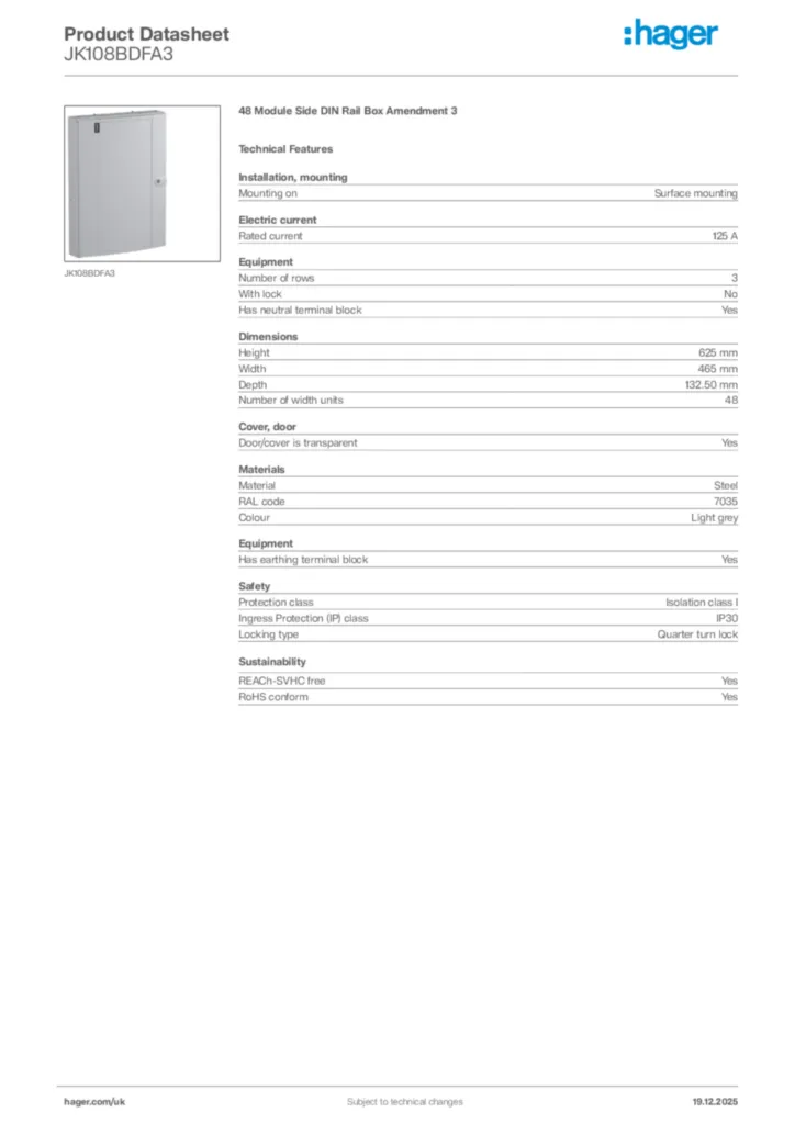 Image Hager Product data sheet JK108BDFA3  | Hager