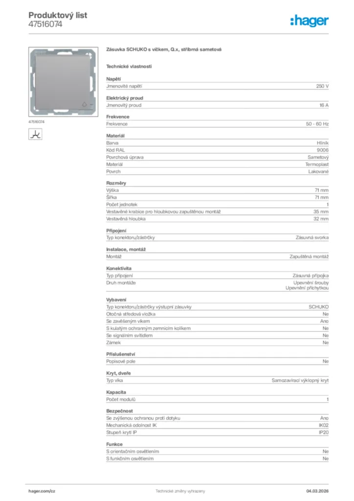Obrázek Hager Product data sheet 47516074 | Hager