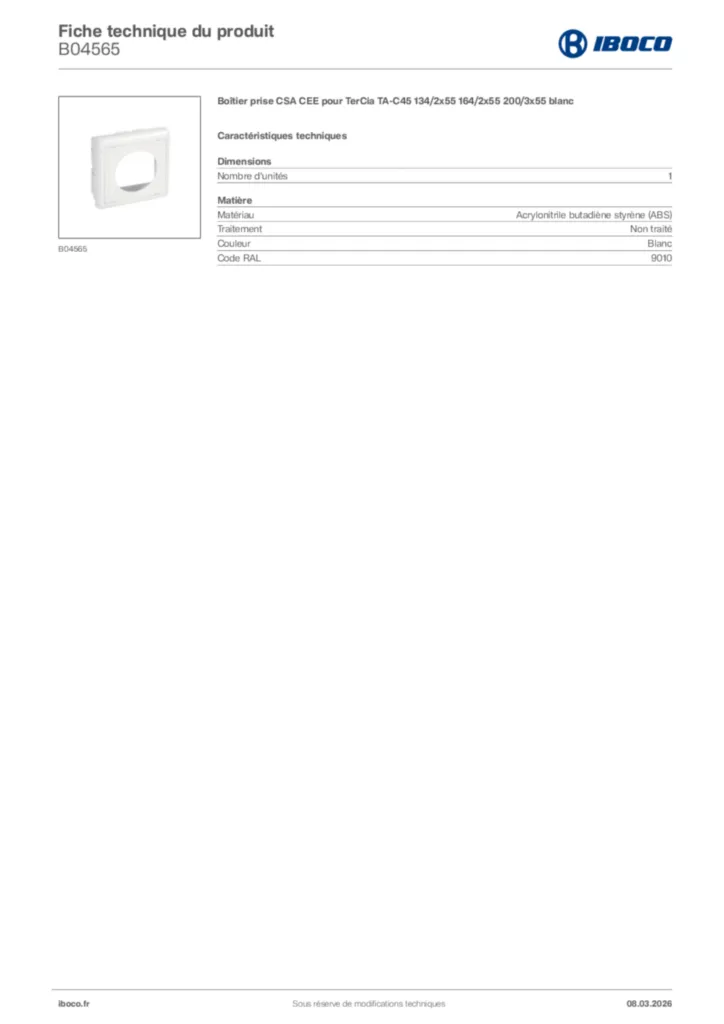 Image Iboco Fiche technique du produit B04565 | Hager France