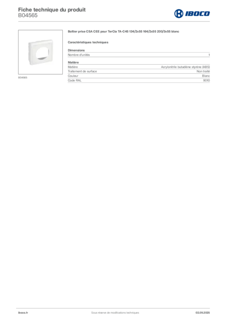 Image Iboco Fiche technique du produit B04565 | Hager France