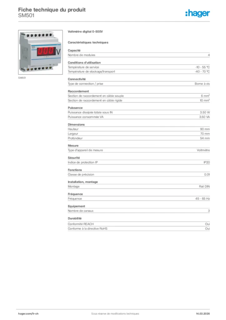 Image Hager Fiche technique du produit SM501 | Hager Suisse