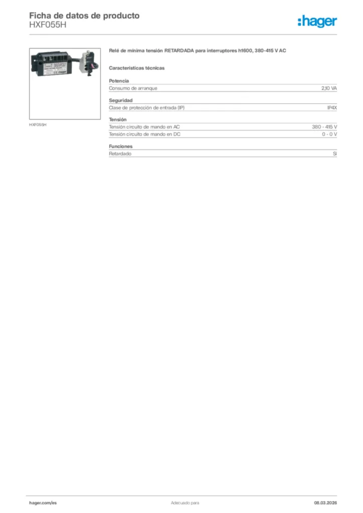 Imagen Hager Ficha de datos de producto HXF055H | Hager España