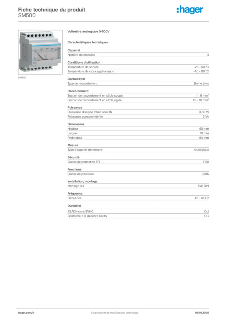 Image Hager Fiche technique du produit SM500 | Hager France