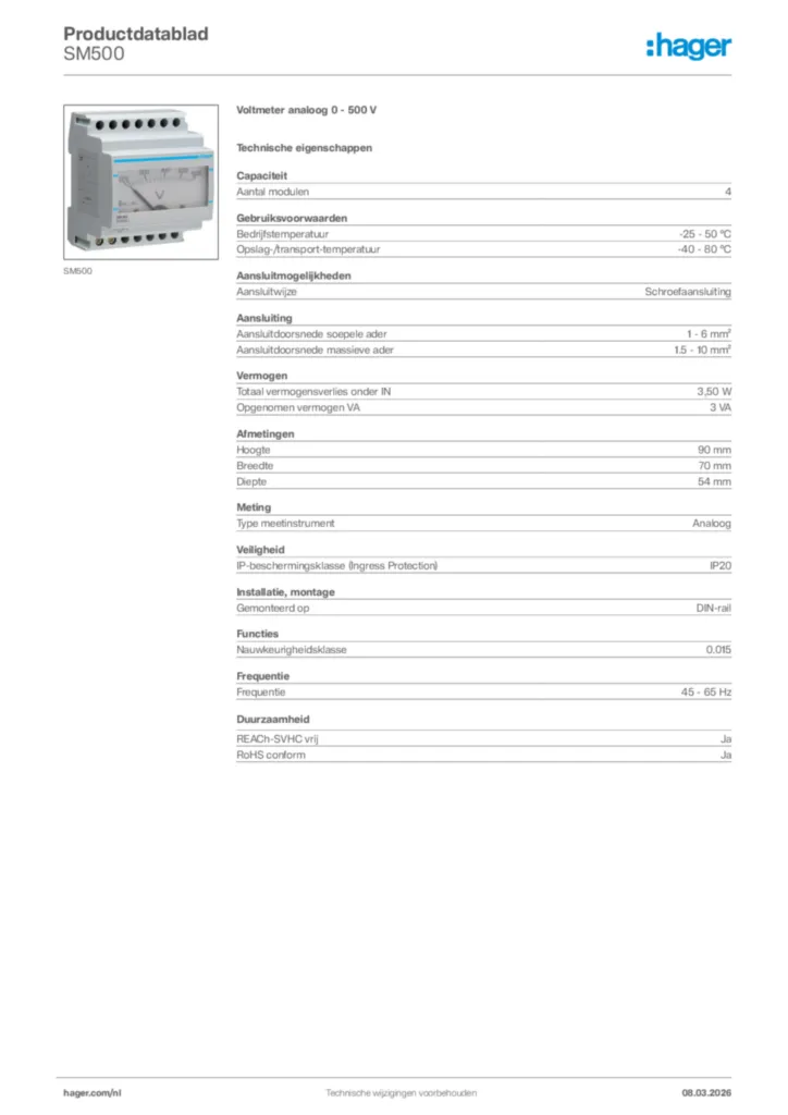 Afbeelding Hager Productdatablad SM500 | Hager Nederland