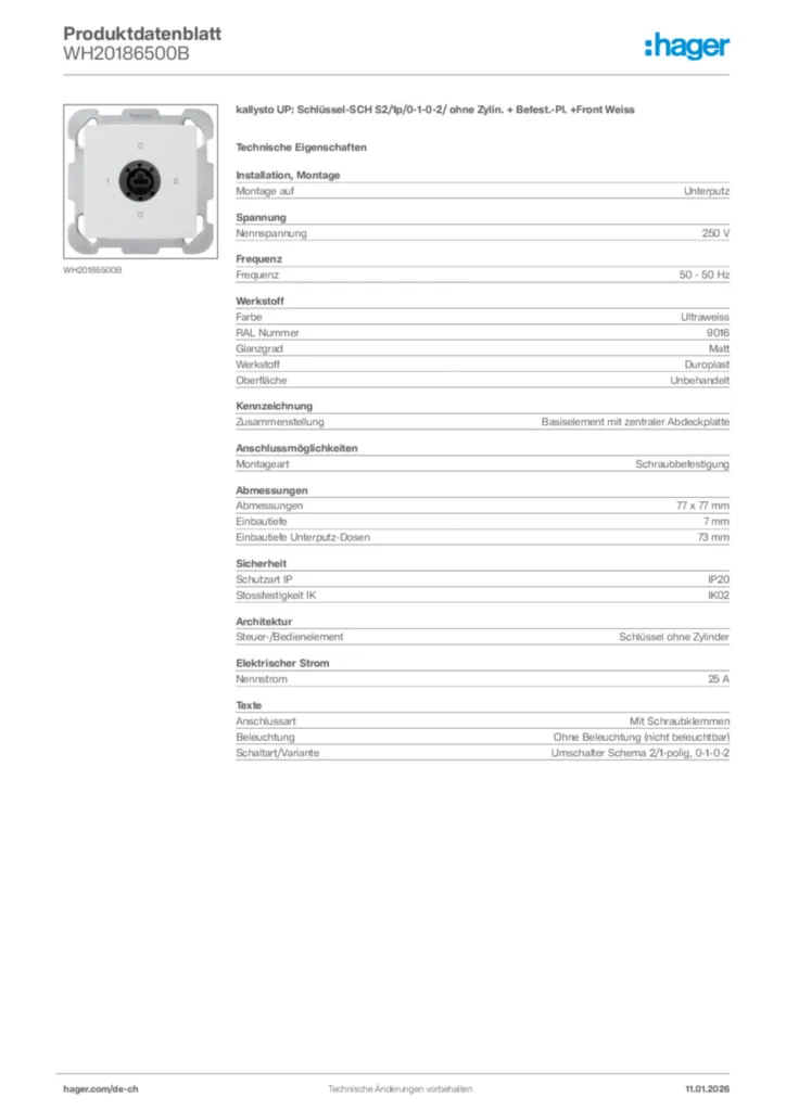 Bild Hager Produktdatenblatt WH20186500B | Hager Schweiz