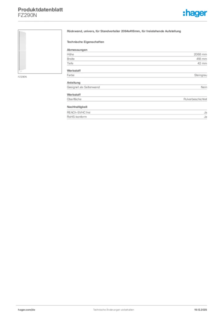 Bild Hager Produktdatenblatt FZ290N | Hager Deutschland