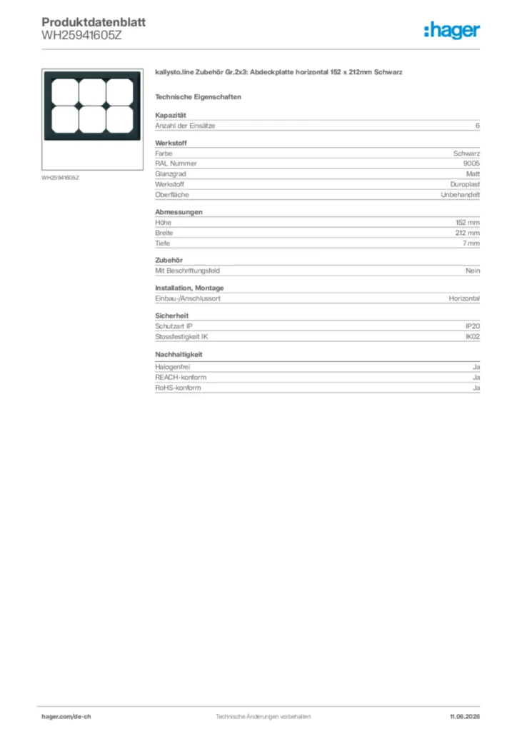 Bild Hager Produktdatenblatt WH25941605Z | Hager Schweiz