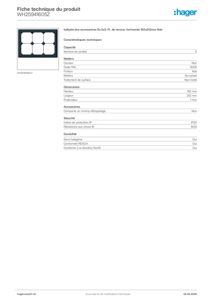 Image Hager Fiche technique du produit WH25941605Z | Hager Suisse