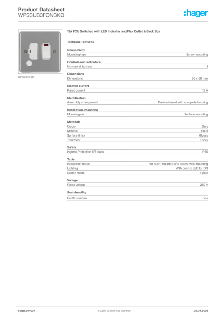 Image Hager Product data sheet WPSSU83FONBKO  | Hager