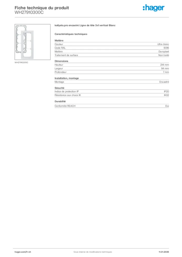 Image Hager Fiche technique du produit WH27910300C | Hager Suisse