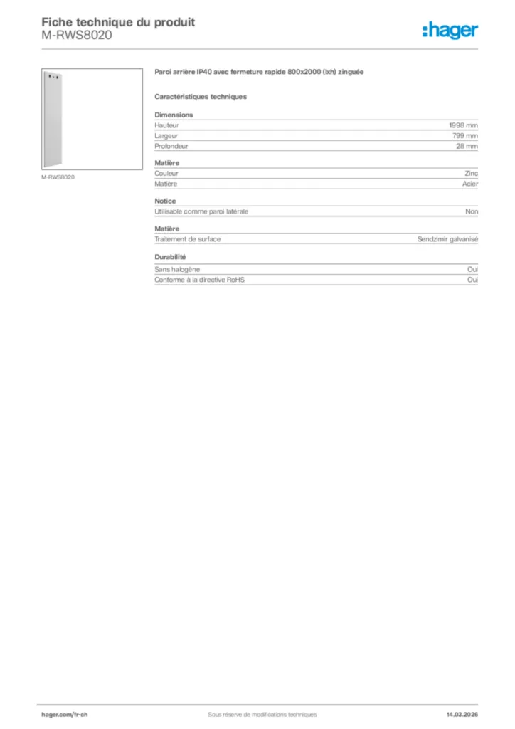 Image Hager Fiche technique du produit M-RWS8020 | Hager Suisse