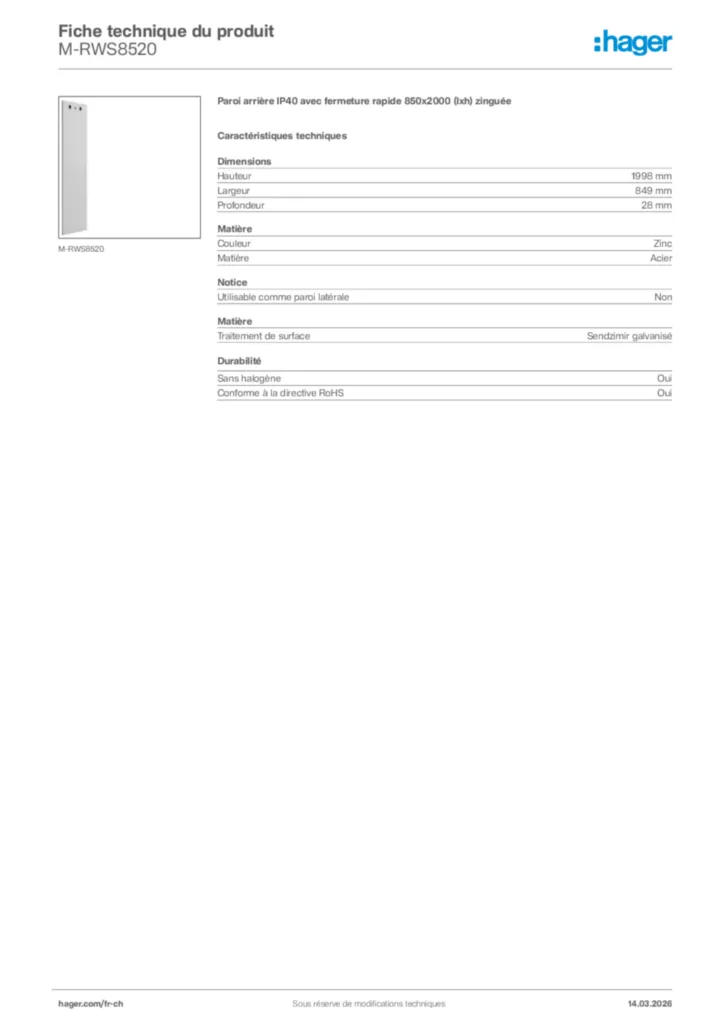 Image Hager Fiche technique du produit M-RWS8520 | Hager Suisse