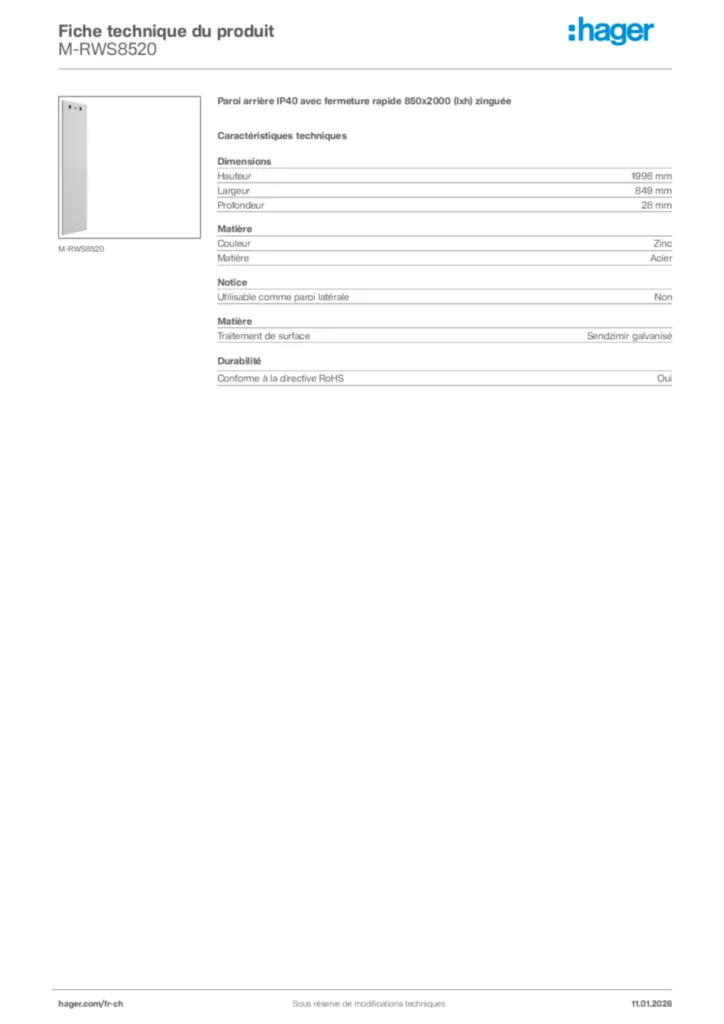 Image Hager Fiche technique du produit M-RWS8520 | Hager Suisse