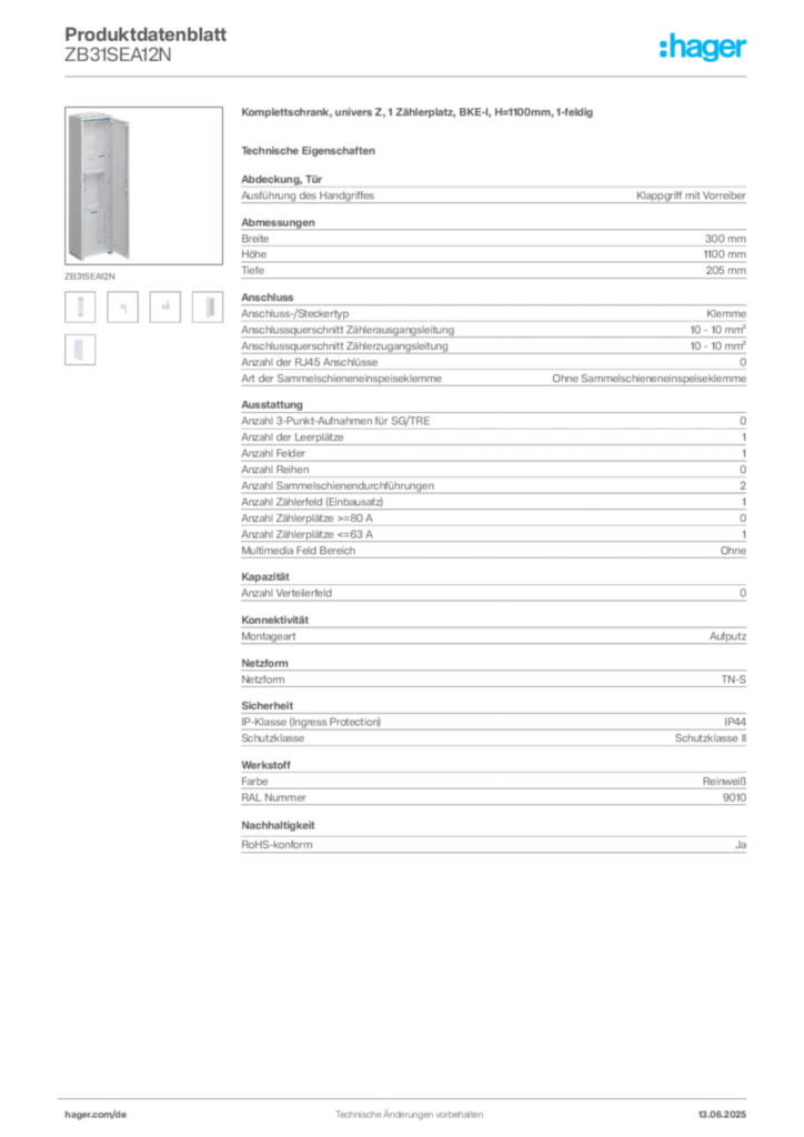 Bild Hager Produktdatenblatt ZB31SEA12N | Hager Deutschland