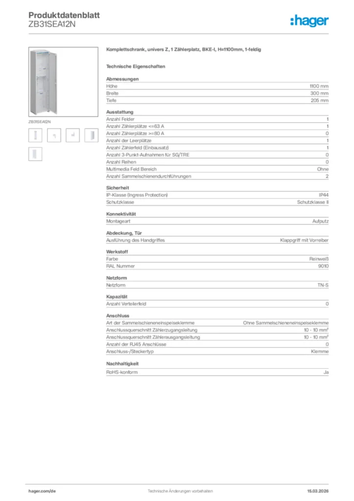 Bild Hager Produktdatenblatt ZB31SEA12N | Hager Deutschland