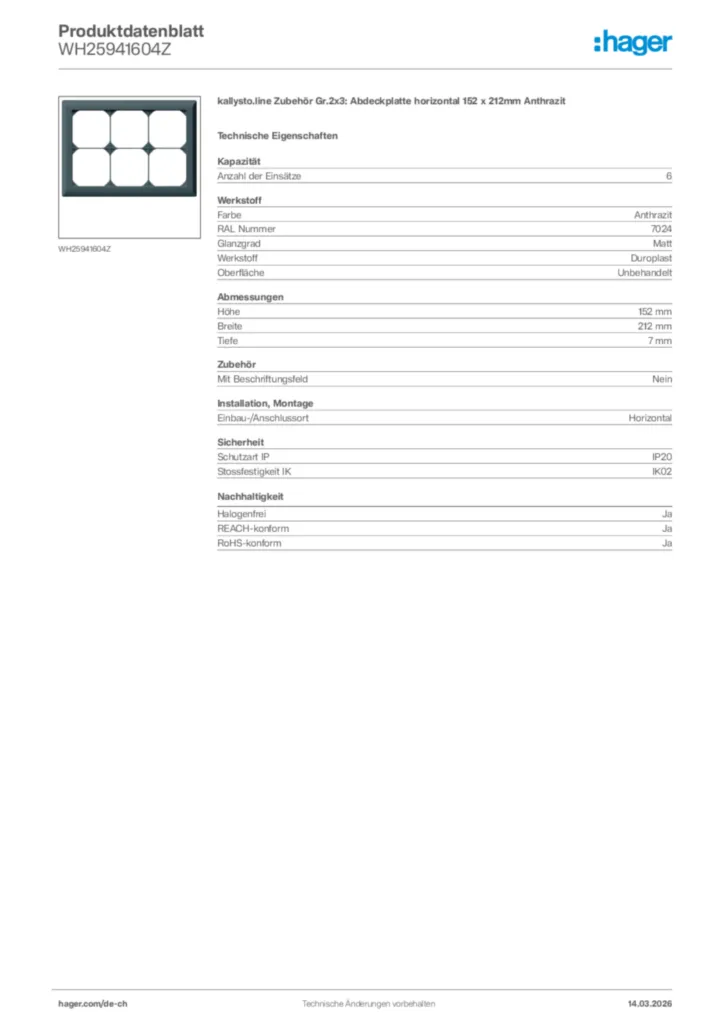 Bild Hager Produktdatenblatt WH25941604Z | Hager Schweiz