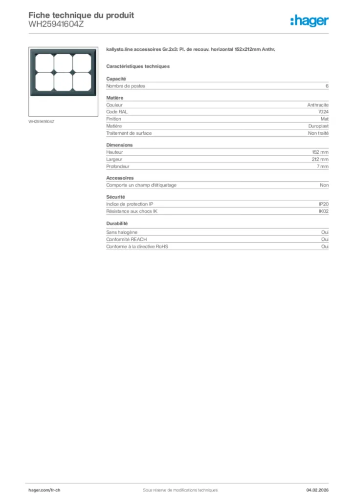 Image Hager Fiche technique du produit WH25941604Z | Hager Suisse