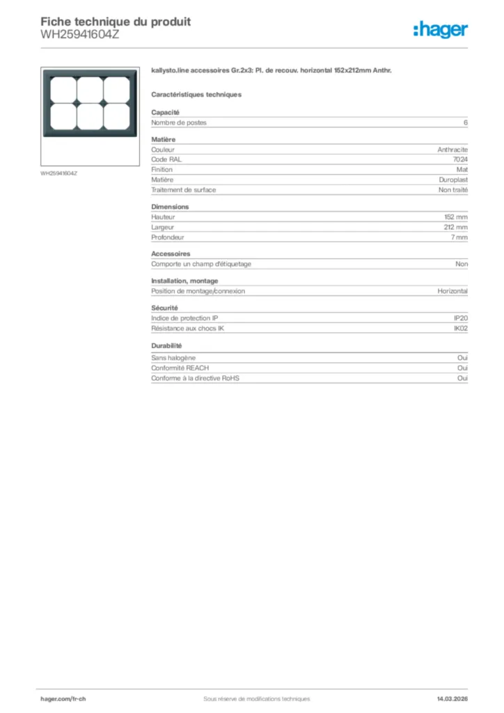 Image Hager Fiche technique du produit WH25941604Z | Hager Suisse