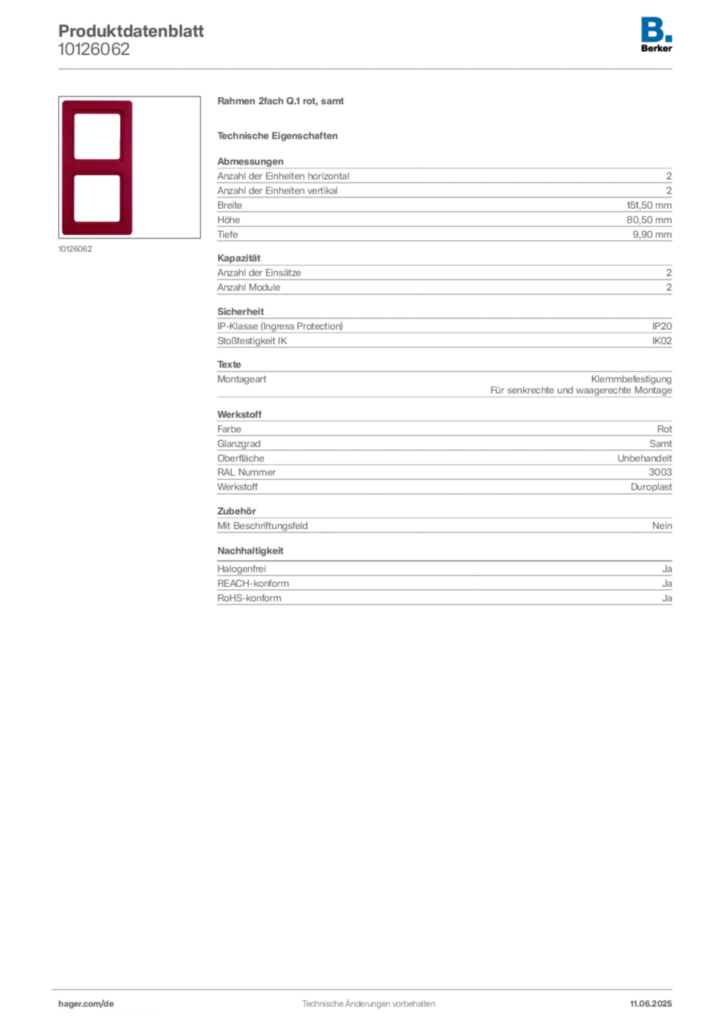 Bild Berker Produktdatenblatt 10126062 | Hager Deutschland