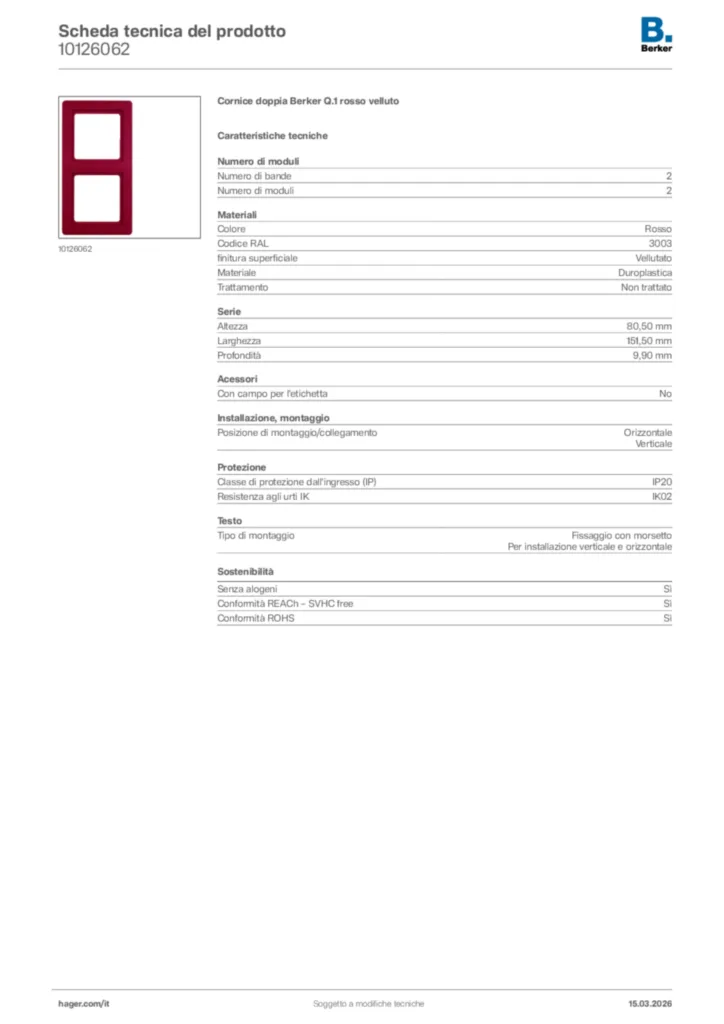 Immagine Berker Scheda tecnica del prodotto 10126062 | Hager Italia