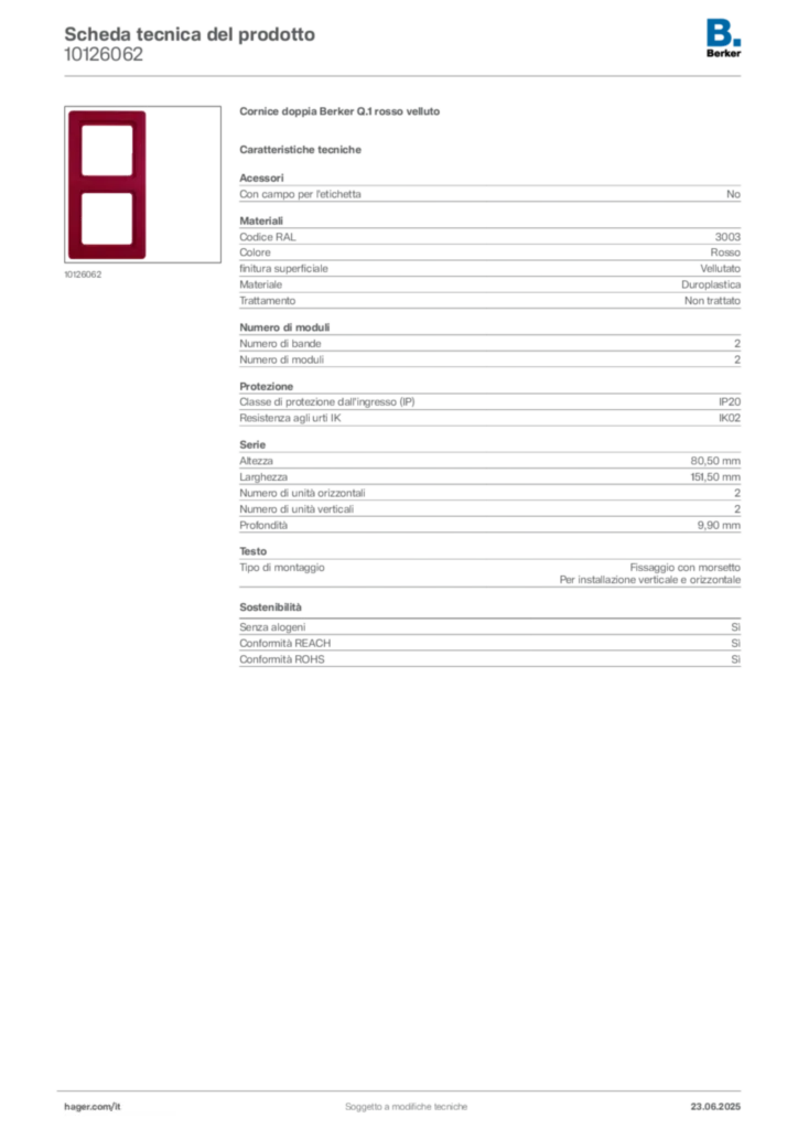 Immagine Berker Scheda tecnica del prodotto 10126062 | Hager Italia