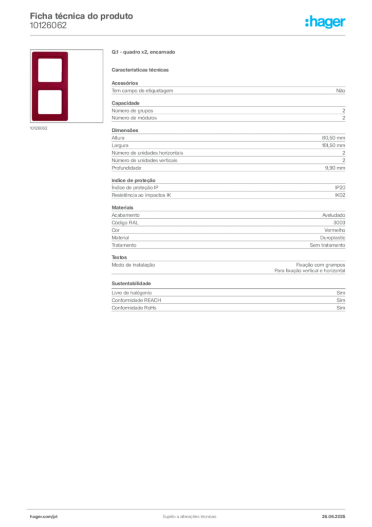 Imagem Hager Ficha técnica do produto 10126062 | Hager Portugal