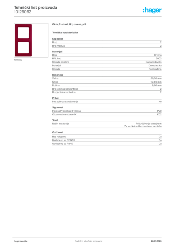 Slika Hager Product data sheet 10126062  | Hager