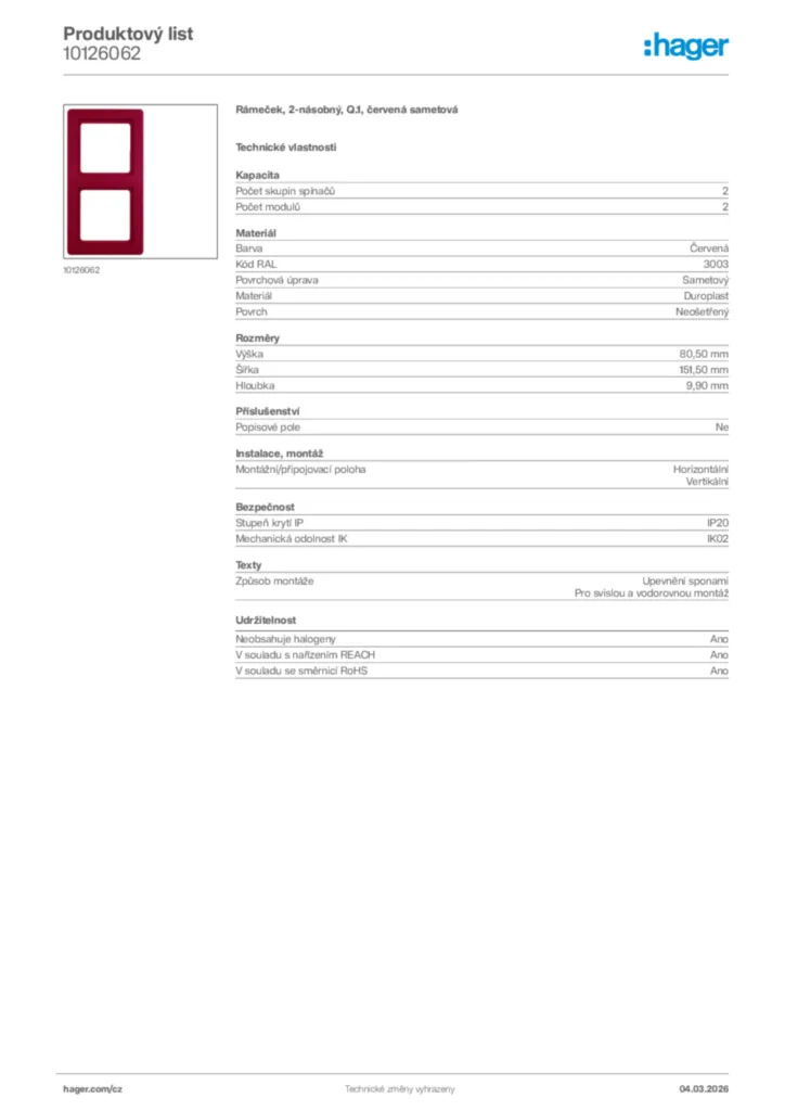 Obrázek Hager Product data sheet 10126062 | Hager