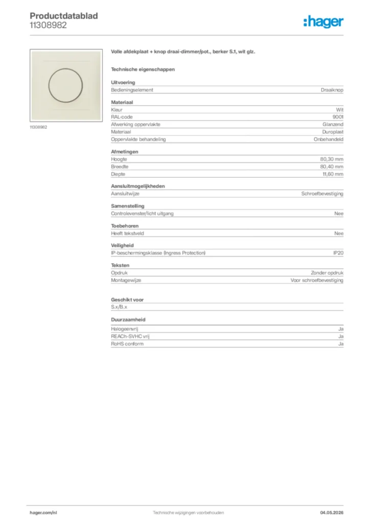 Afbeelding Hager Productdatablad 11308982 | Hager Nederland