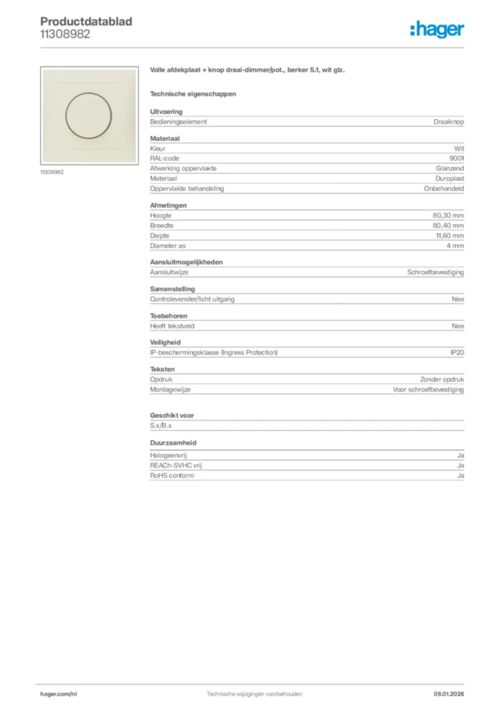 Afbeelding Hager Productdatablad 11308982 | Hager Nederland
