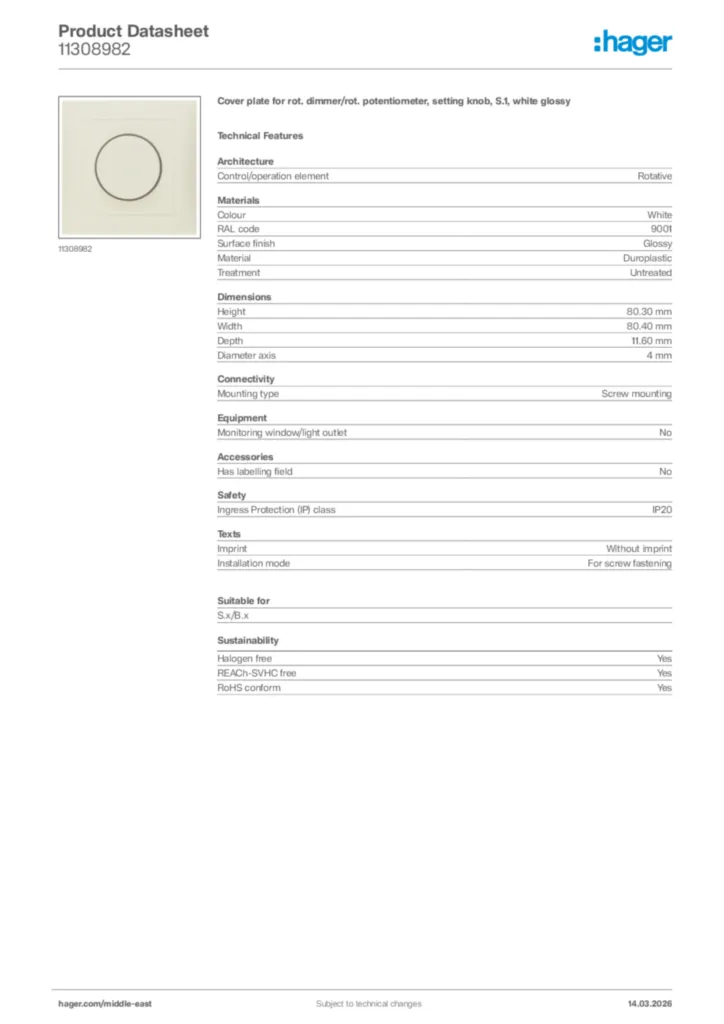 Image Hager Product data sheet 11308982  | Hager