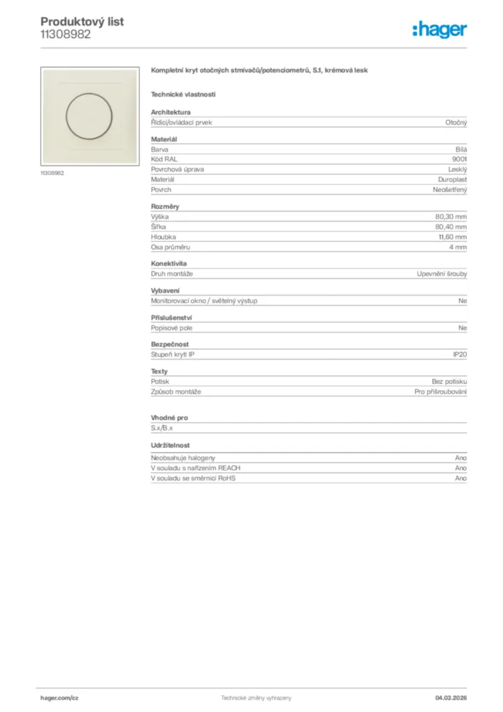 Obrázek Hager Product data sheet 11308982 | Hager