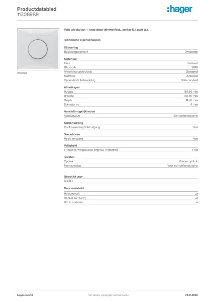 Afbeelding Hager Productdatablad 11308989 | Hager Nederland