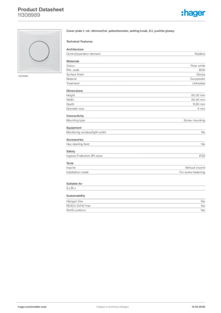 Image Hager Product data sheet 11308989  | Hager