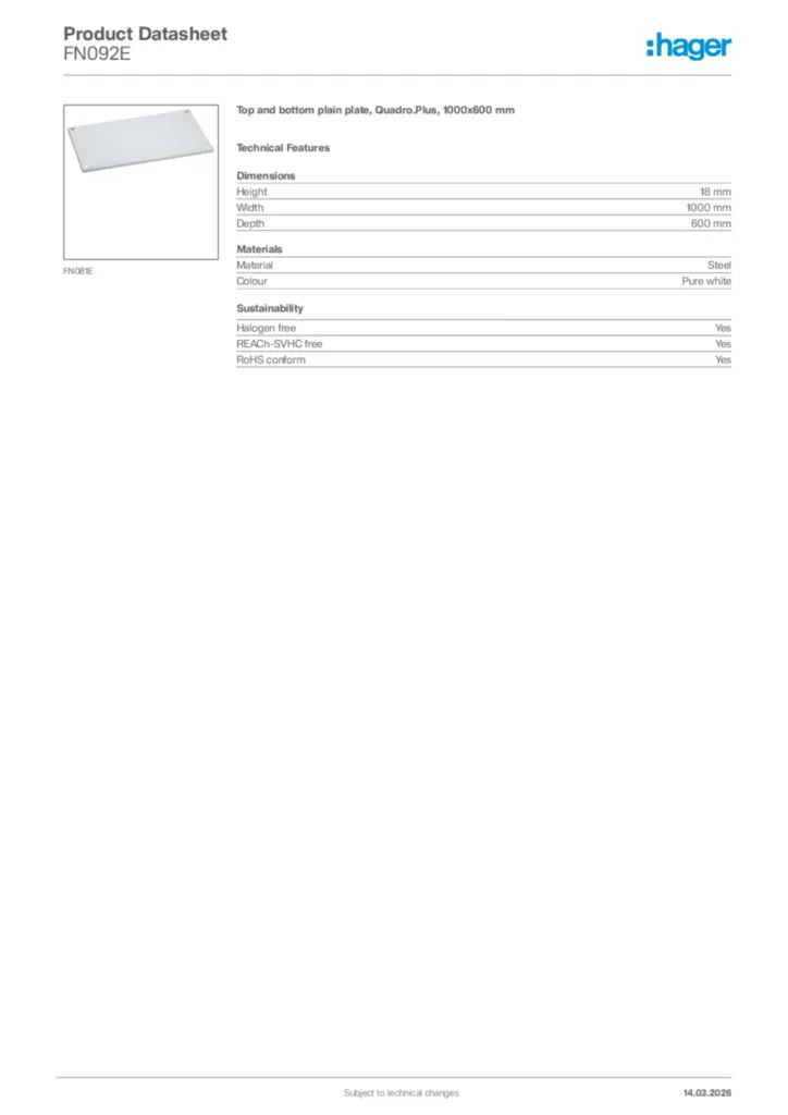 Image Hager Product data sheet FN092E  | Hager Africa
