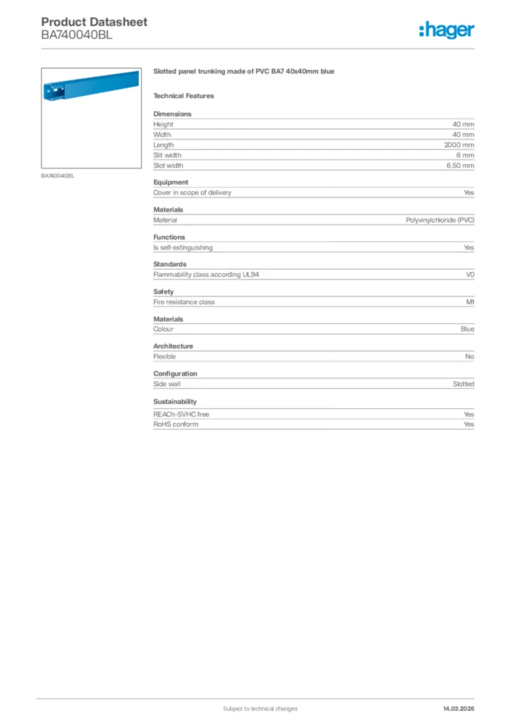Image Hager Product data sheet BA740040BL  | Hager Africa