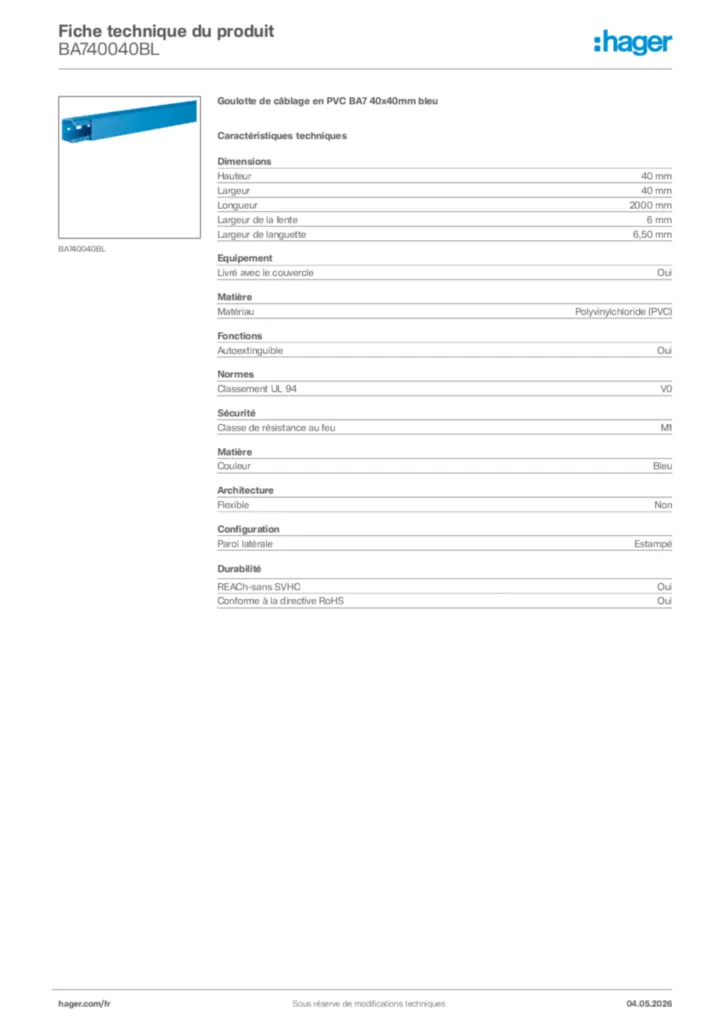 Image Hager Fiche technique du produit BA740040BL | Hager France